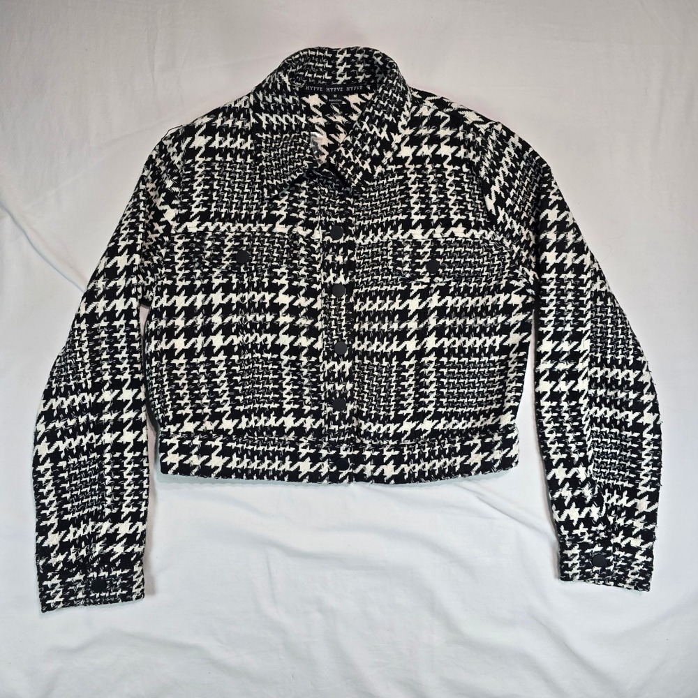 Hyfve Black White‎ Houndstooth Cropped Jacket Tweed Style FL21C032 Womens Medium